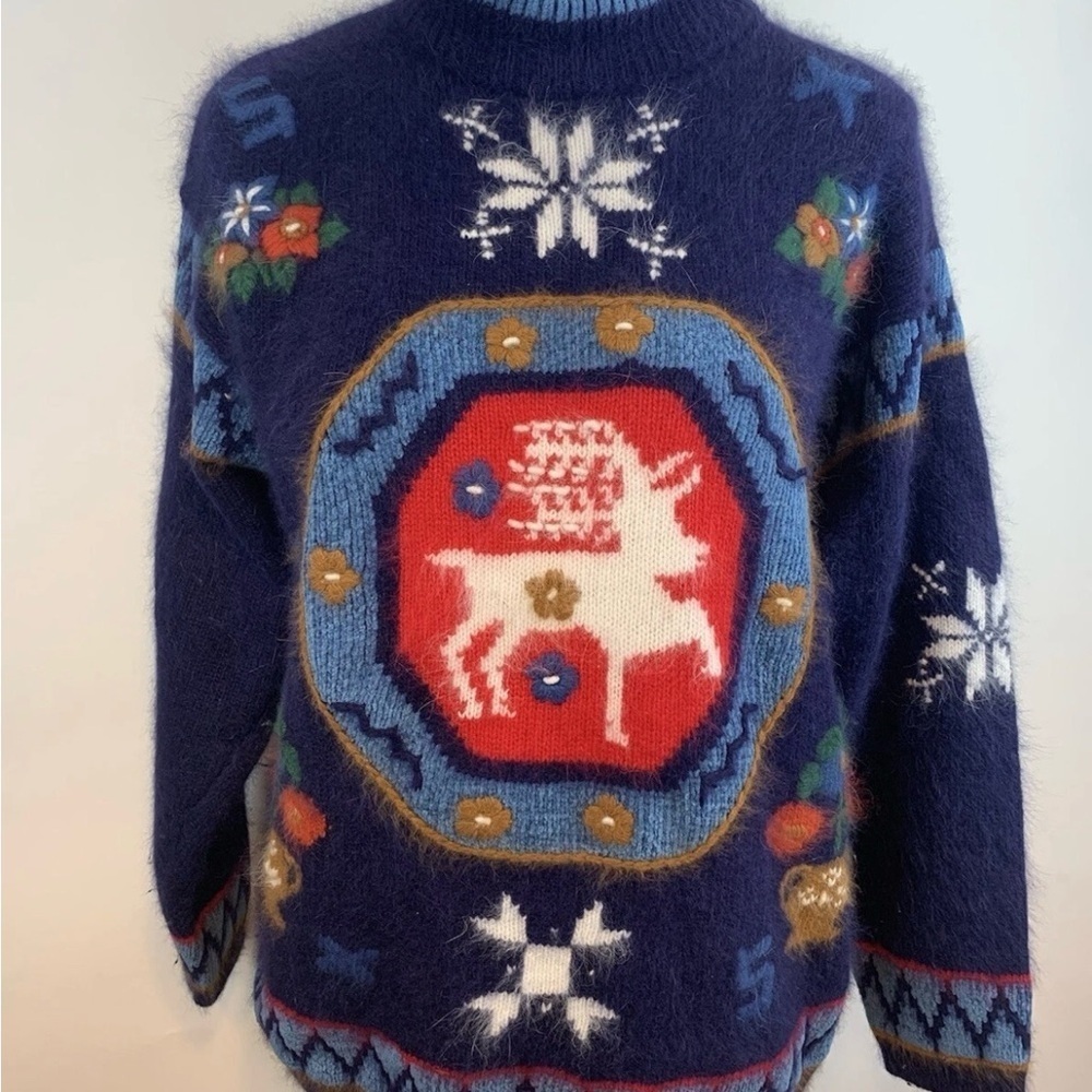 Vtg Rafaella Angora & Wool Nordic Reindeer Christmas Holiday Winter’s Sweater - Picture 2 of 11